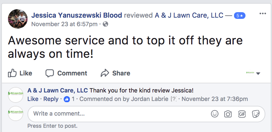 Facebook review from Jessica from Manchester talking about our Lawn Care in Manchester NH