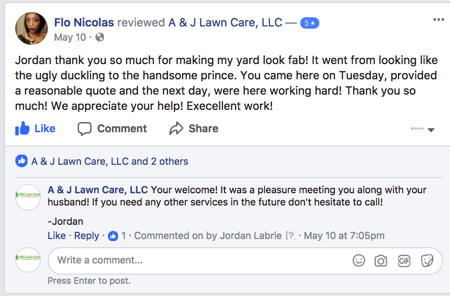 Review from Flo Nicolas from Facebook talking about grass cutting and lawn care service in Manchester NH