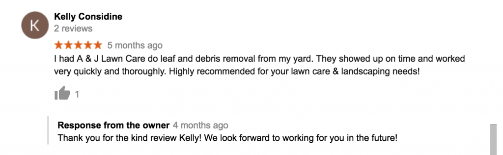 Kelly review of leaf removal service in Manchester NH