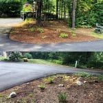 This is a before and after shot of what our landscaping company in manchester NH can do for our clients. The top photo shows fresh mulch and clean edging in the corner of a driveway. The bottom photo shows what it looked like before.